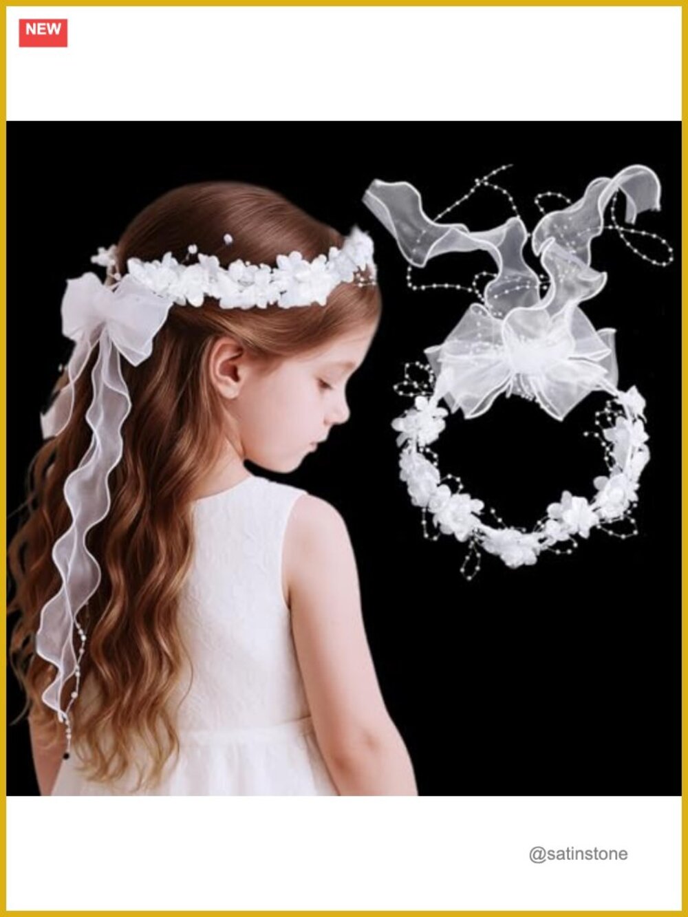 First Communion Flower Headband Veil Pearl Bow Hair Wreath Accessory